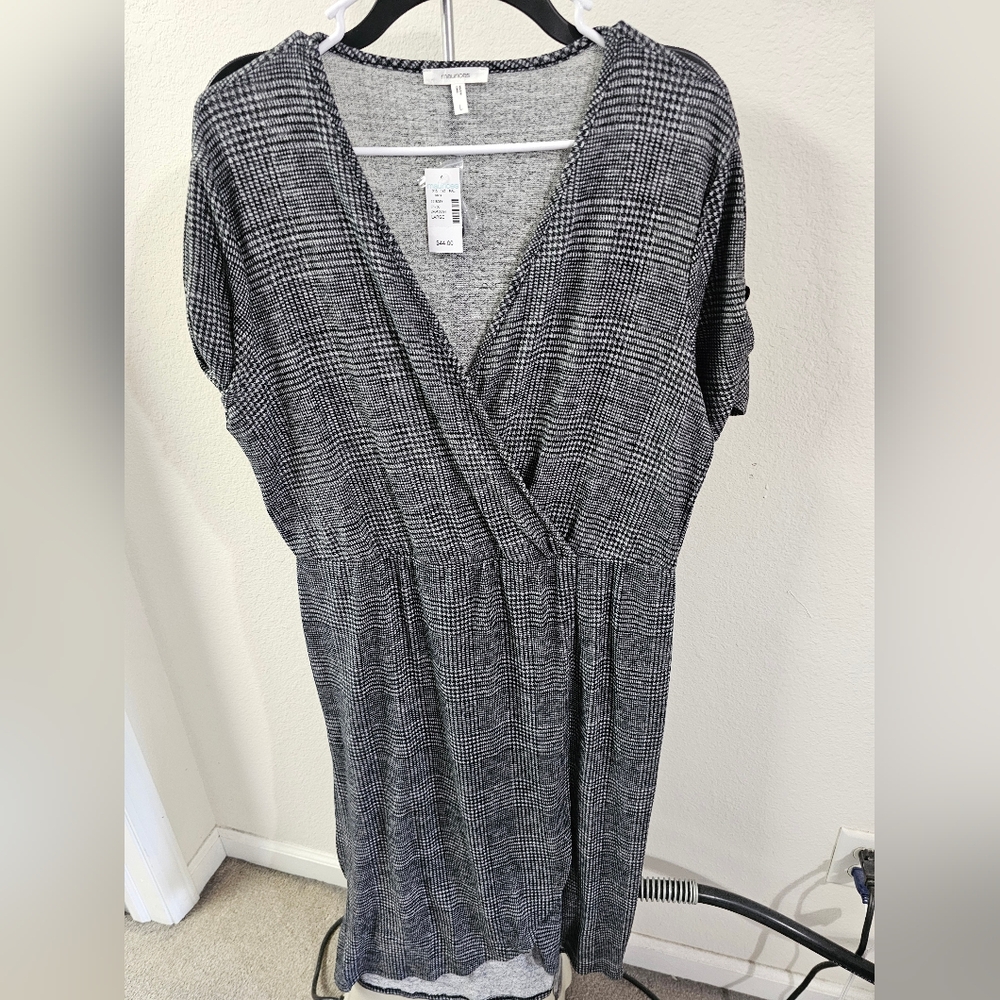Faux wrap, vneck, mid-calf dress